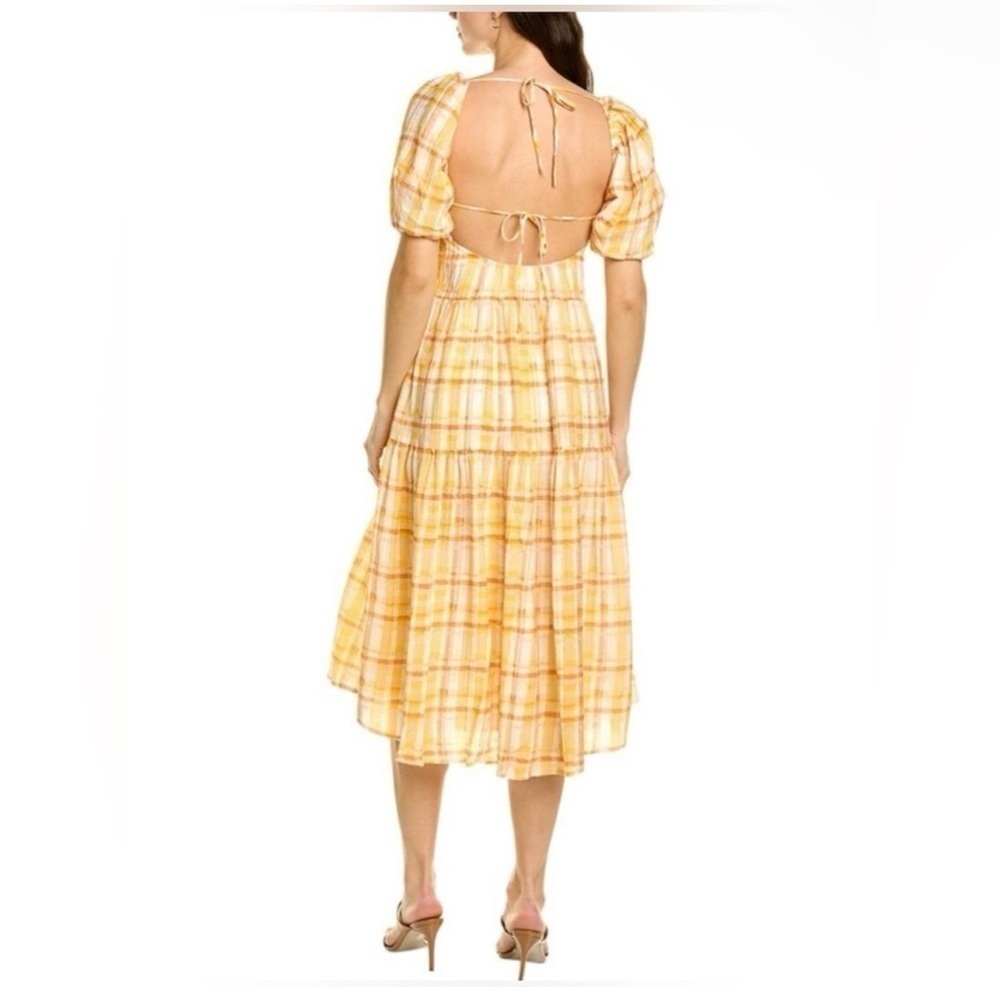 ASTR The Label Yellow Plaid Puff Sleeve Tiered Open Back Midi Dress Cottage M - Picture 2 of 9